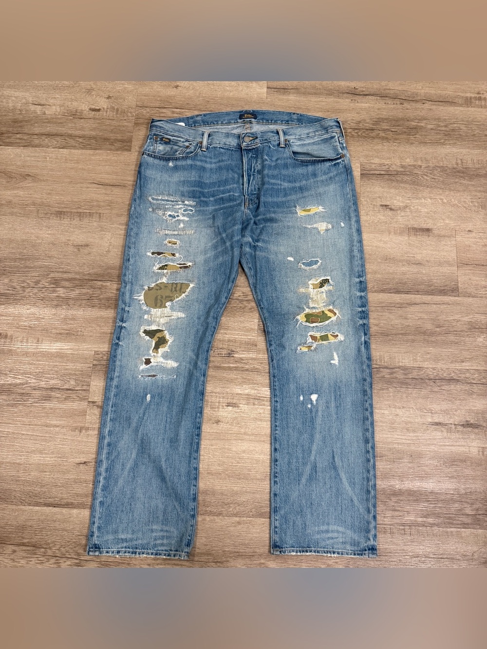 Polo Ralph Lauren Classic Fit Distressed Camo Patchwork Straight Leg Jeans 38x32